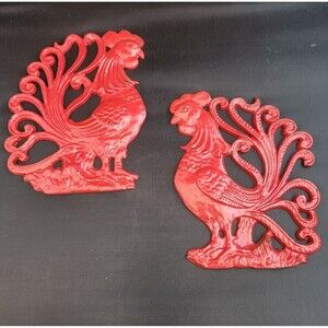 Cast Iron Rooster Wall Hanging Decor Red Enamel Set of 2 VTG Folk Art PA Dutch